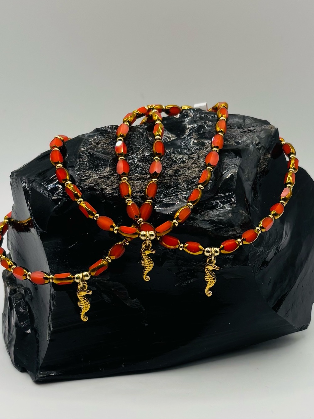 *Anklet* S. Steel Gold Seahorse & Orange Crystal Stretchy Ankle Bracelet